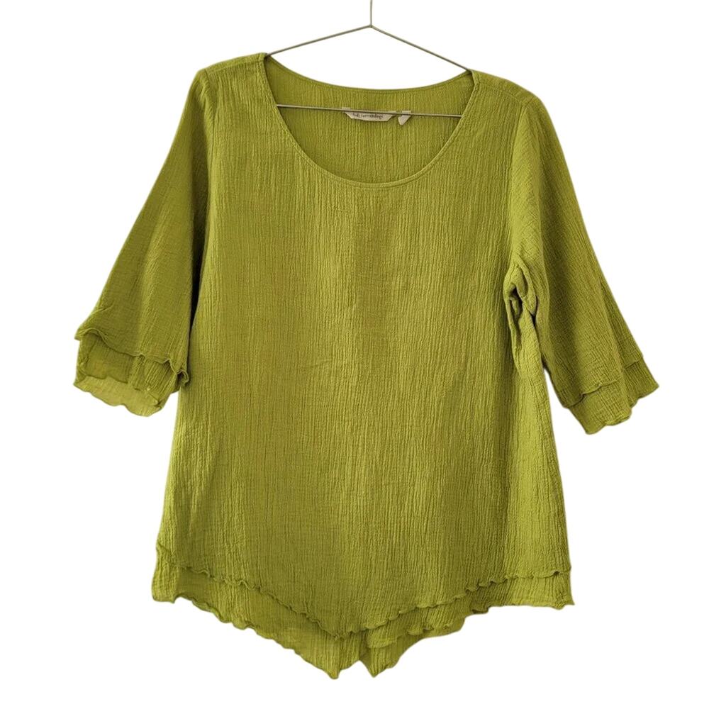 Soft Surroundings Green Cotton Blouse 3/4 Sleeve Scoop Neck Womens Size S